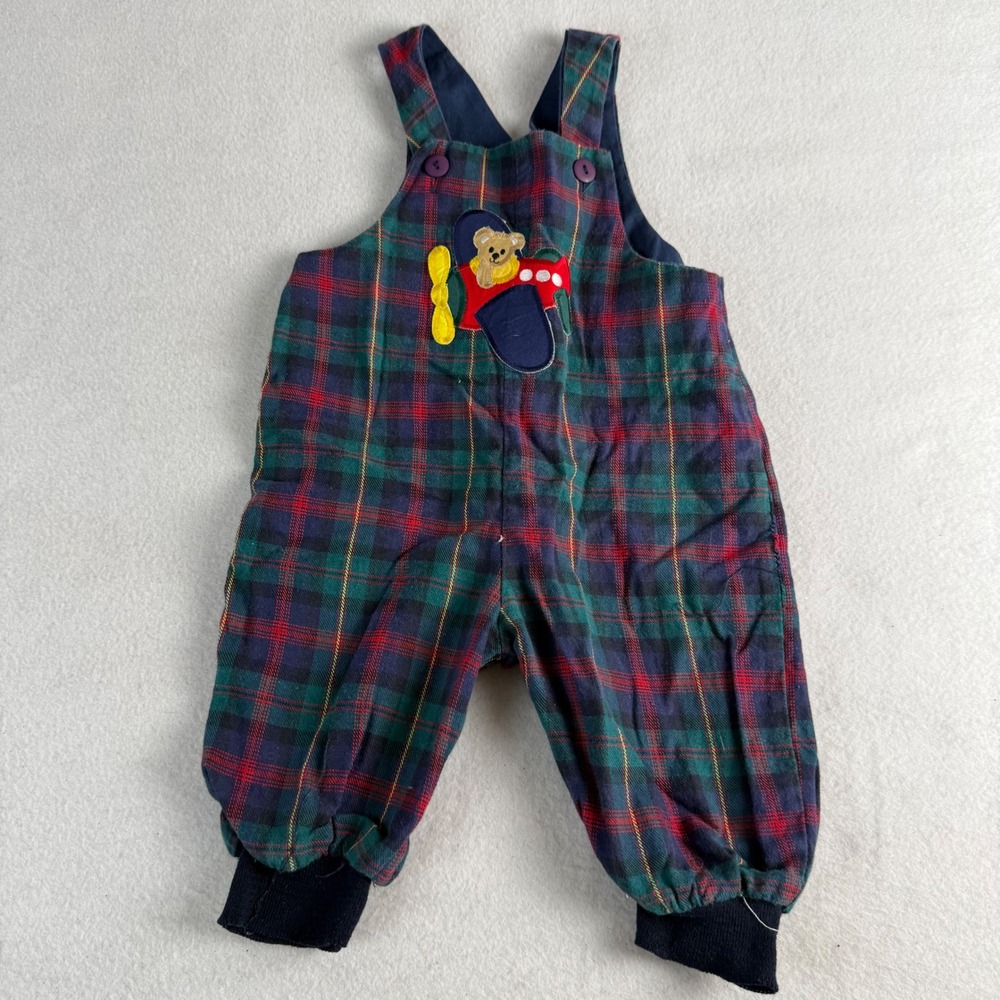 Vintage Plaid Teddy Bear Airplane Overalls 6-9 Months Made in USA Red Green Blue